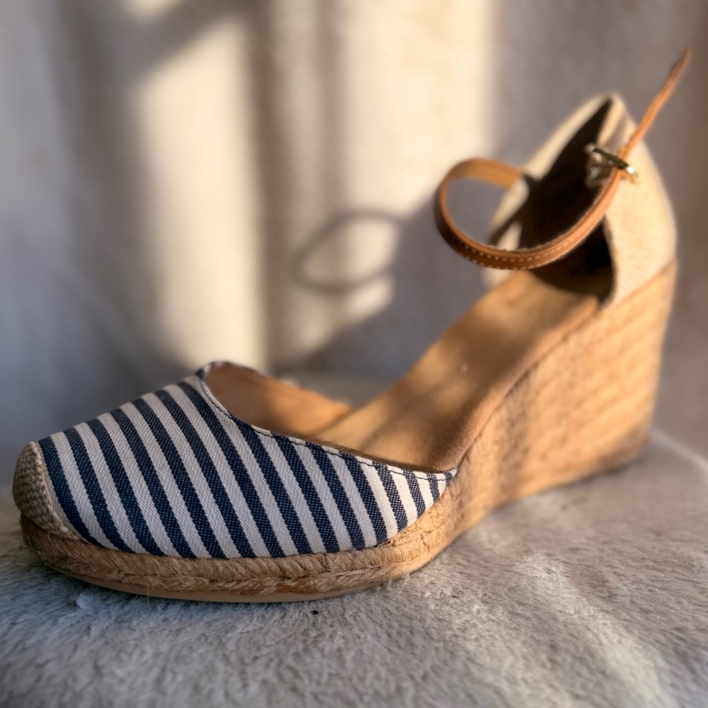 White Mountain Navy and Cream Striped Wedge Espadrilles